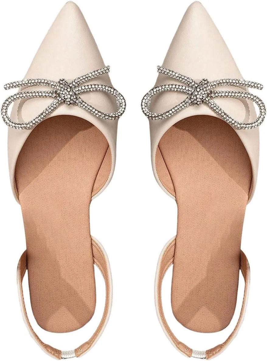 SweatyRocks Women's Rhinestone Pointed Toe Flats Sparkly Bow Decor Flats Dress Shoes