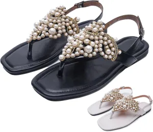 T-Strap Bohemian Flat Flip Flops for Women's Comfortable Fashion Back Ankle Buckle Square Toe Summer Thong Pearl Sandals for Wedding Party Dress