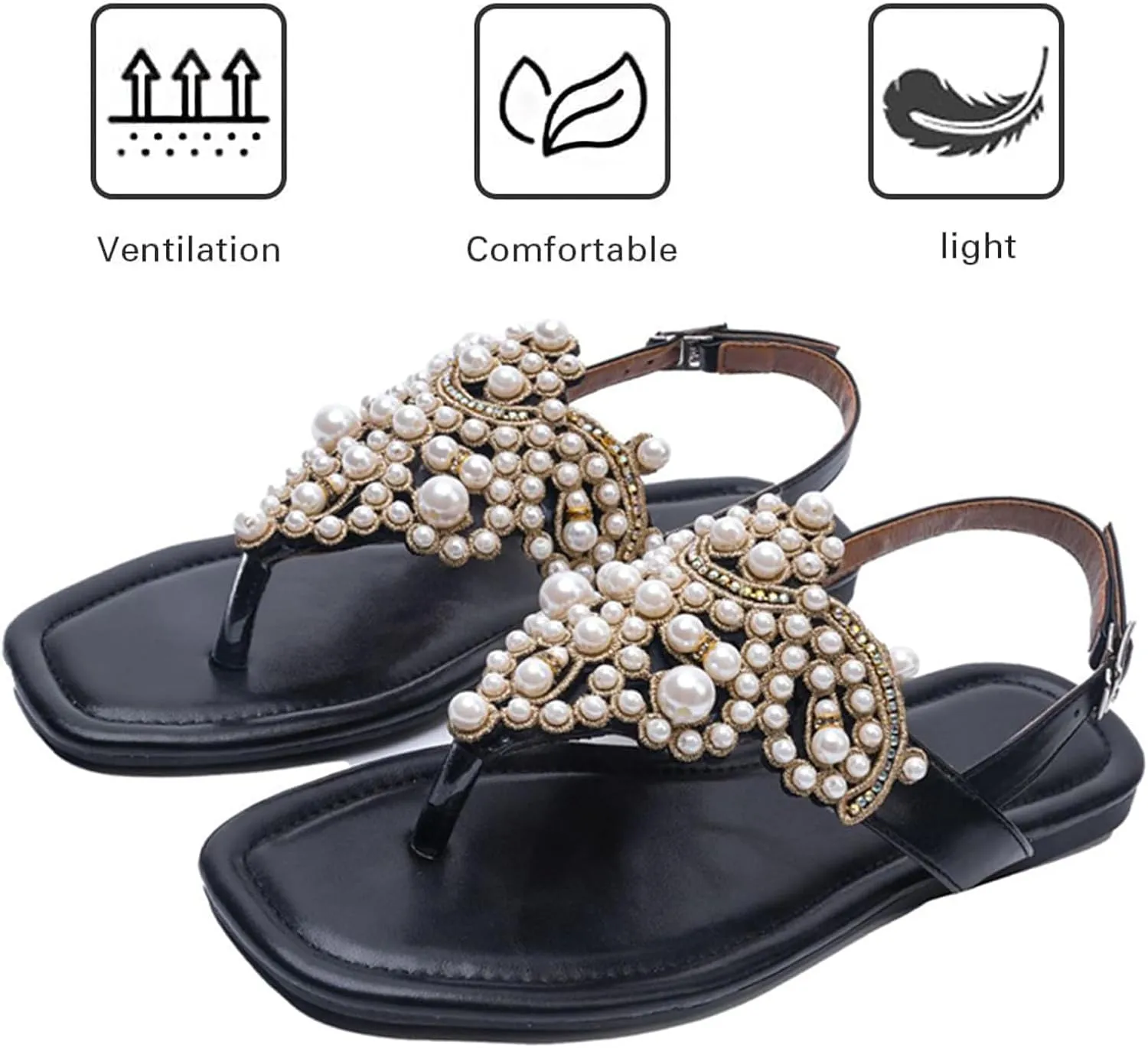T-Strap Bohemian Flat Flip Flops for Women's Comfortable Fashion Back Ankle Buckle Square Toe Summer Thong Pearl Sandals for Wedding Party Dress