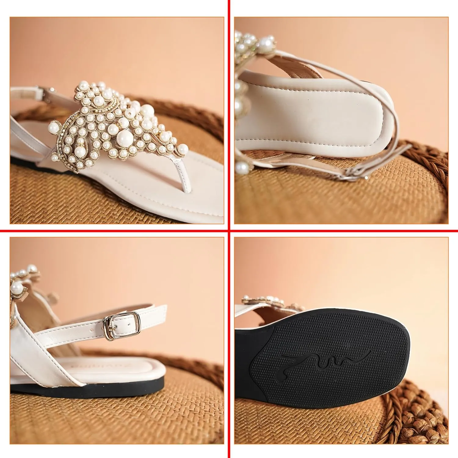T-Strap Bohemian Flat Flip Flops for Women's Comfortable Fashion Back Ankle Buckle Square Toe Summer Thong Pearl Sandals for Wedding Party Dress