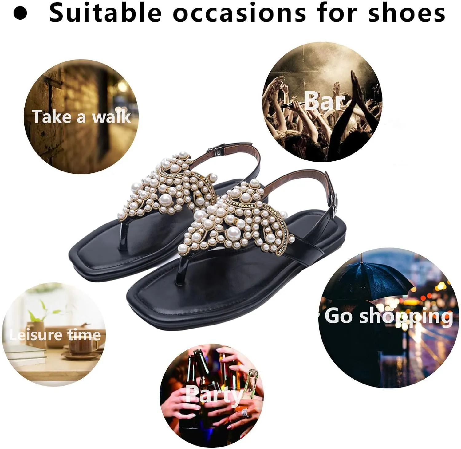 T-Strap Bohemian Flat Flip Flops for Women's Comfortable Fashion Back Ankle Buckle Square Toe Summer Thong Pearl Sandals for Wedding Party Dress