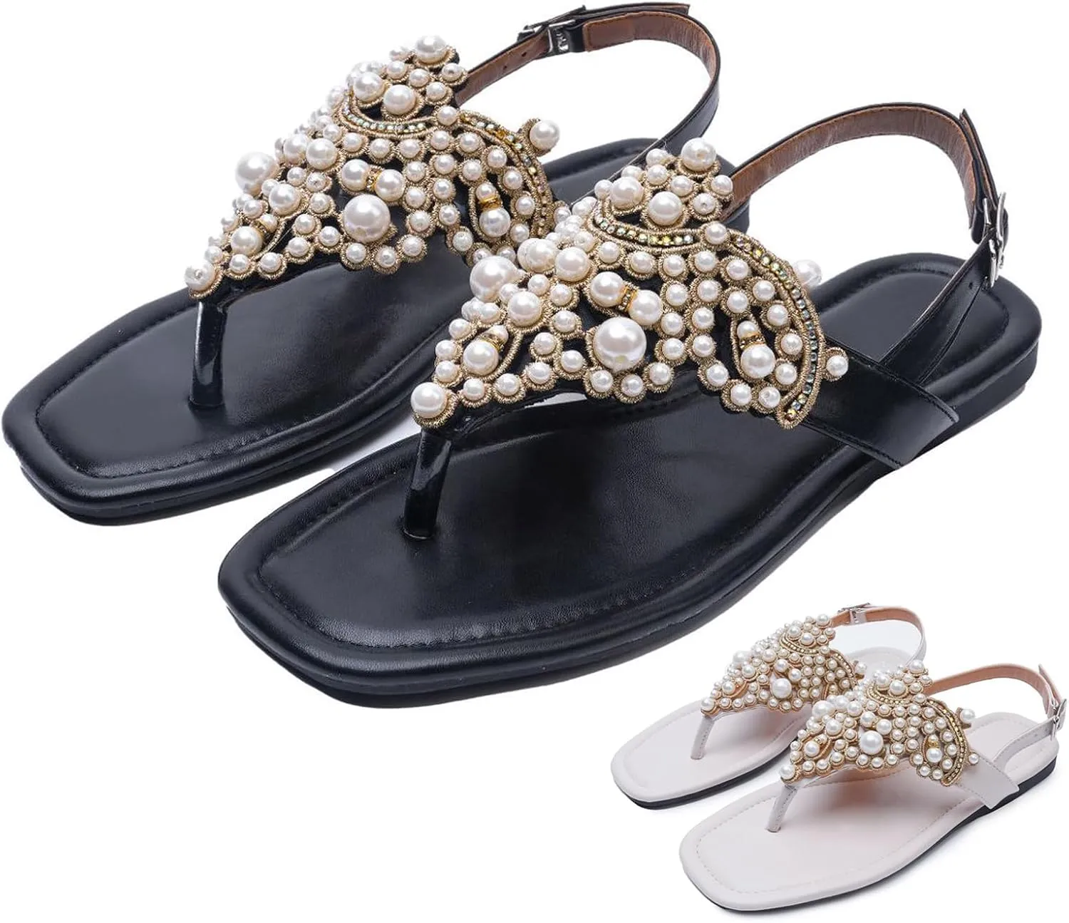 T-Strap Bohemian Flat Flip Flops for Women's Comfortable Fashion Back Ankle Buckle Square Toe Summer Thong Pearl Sandals for Wedding Party Dress