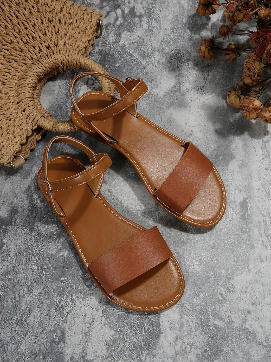Verdusa Women's One Band Ankle Strap Flat Sandals Open Toe Walking Shoes