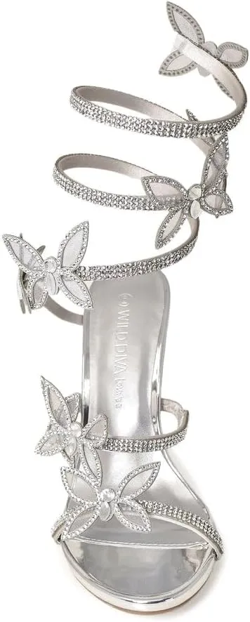 Wild Diva Women's Berlin-527 Diamante Butterfly Detail Wrap Around Rhinestone Strap Stiletto Heel Sandal