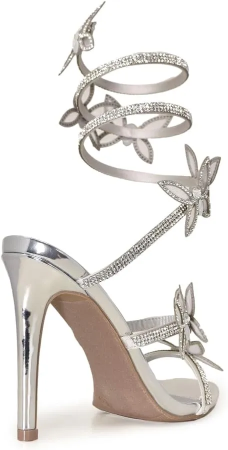 Wild Diva Women's Berlin-527 Diamante Butterfly Detail Wrap Around Rhinestone Strap Stiletto Heel Sandal