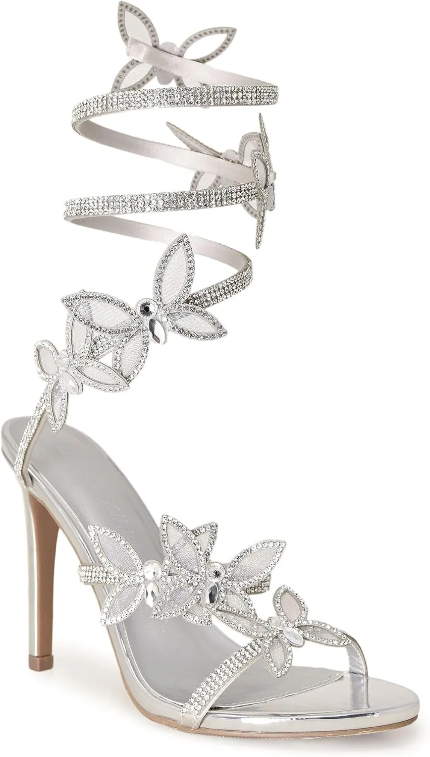 Wild Diva Women's Berlin-527 Diamante Butterfly Detail Wrap Around Rhinestone Strap Stiletto Heel Sandal