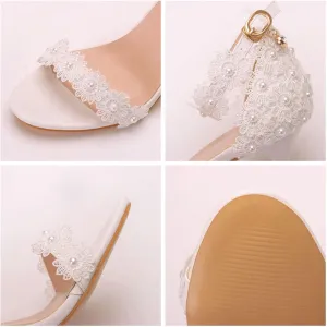 Women Fish Mouth Pearl Lace Backless Stiletto Sandals Summer Adjustable Ankle Strap Sexy Pointed Open Toe Fashion Kitten Heels Dress Bridesmaids Pumps for Wedding Business