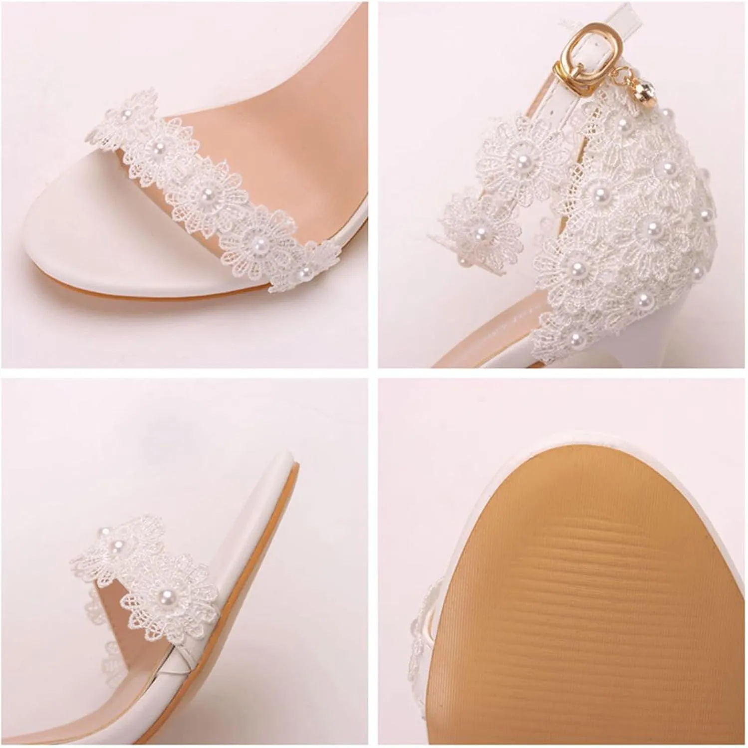 Women Fish Mouth Pearl Lace Backless Stiletto Sandals Summer Adjustable Ankle Strap Sexy Pointed Open Toe Fashion Kitten Heels Dress Bridesmaids Pumps for Wedding Business