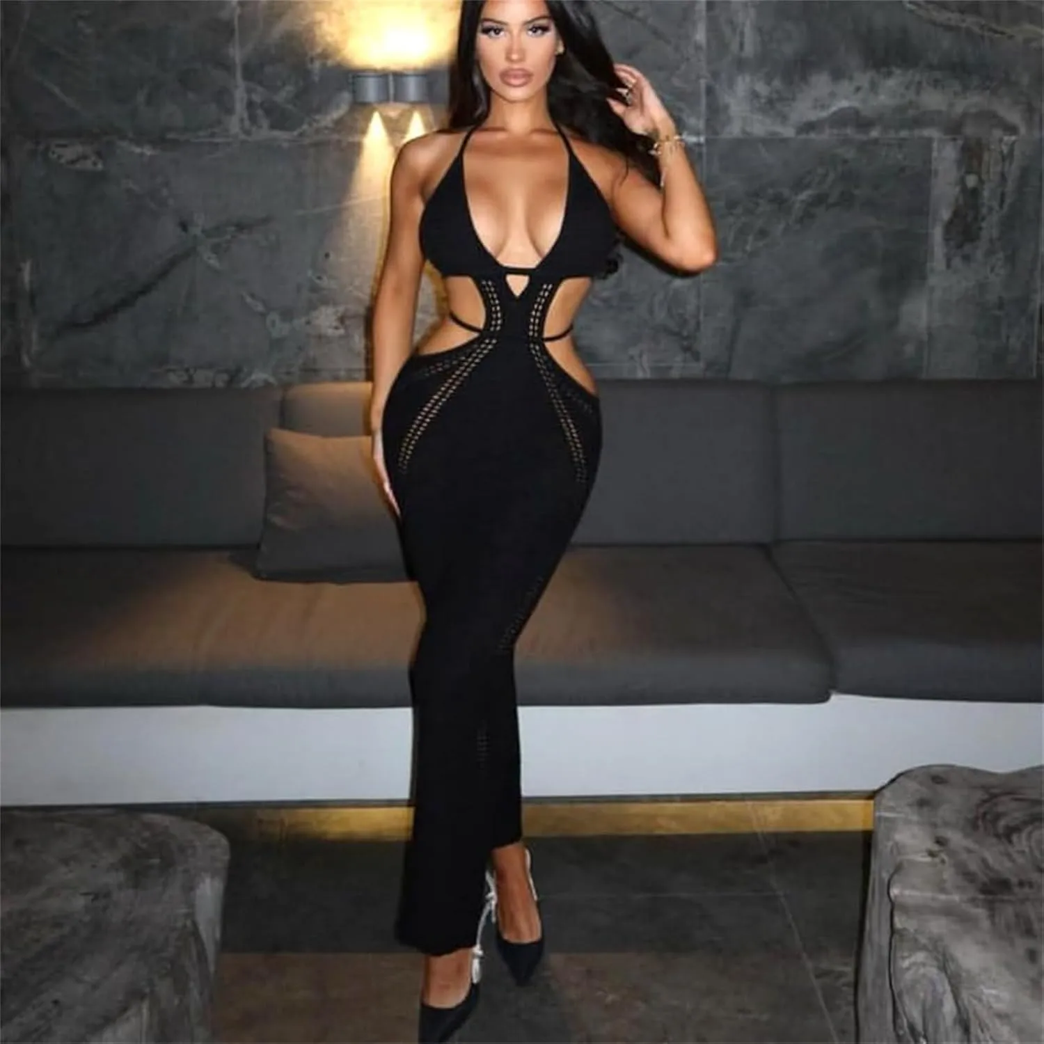 Women Sexy V Neck Bodycon Sweater Dress Knitted Halter Backless Hollow Out Waist Maxi Dress Party Club Long Dresses