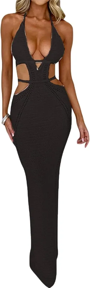Women Sexy V Neck Bodycon Sweater Dress Knitted Halter Backless Hollow Out Waist Maxi Dress Party Club Long Dresses