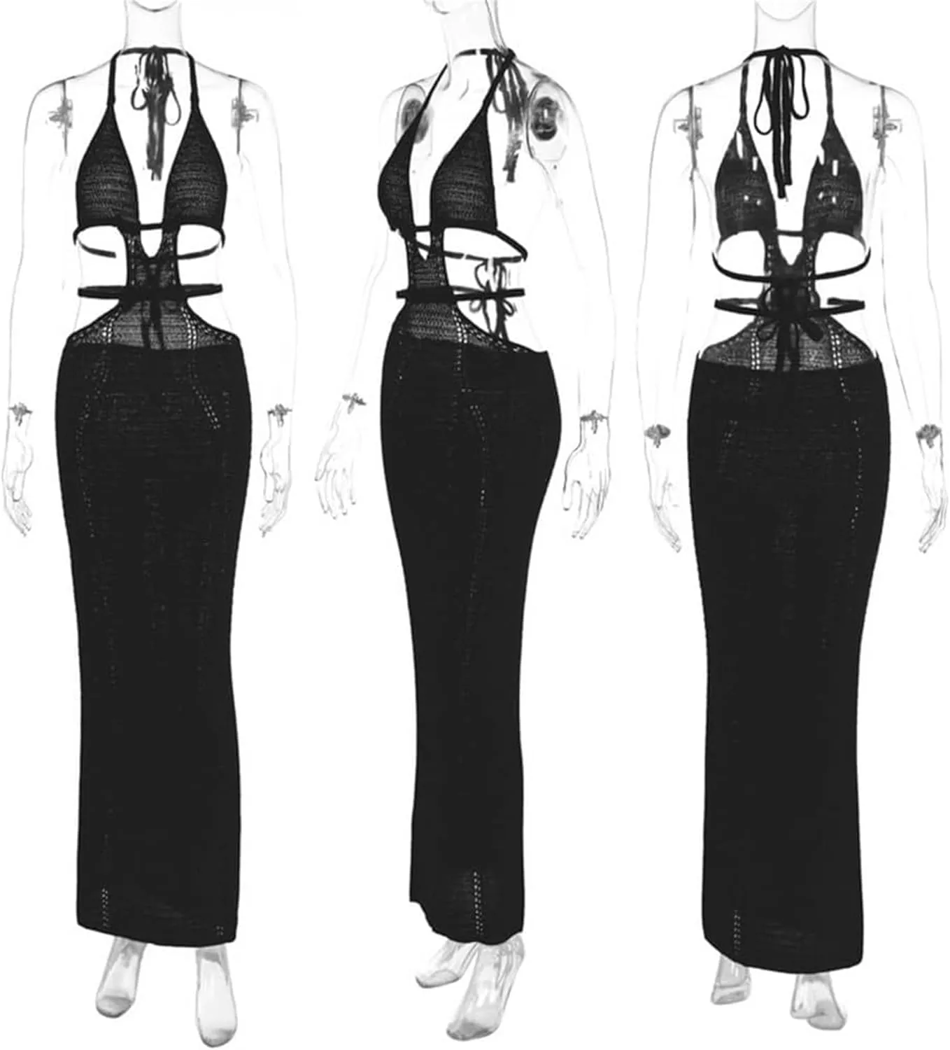 Women Sexy V Neck Bodycon Sweater Dress Knitted Halter Backless Hollow Out Waist Maxi Dress Party Club Long Dresses