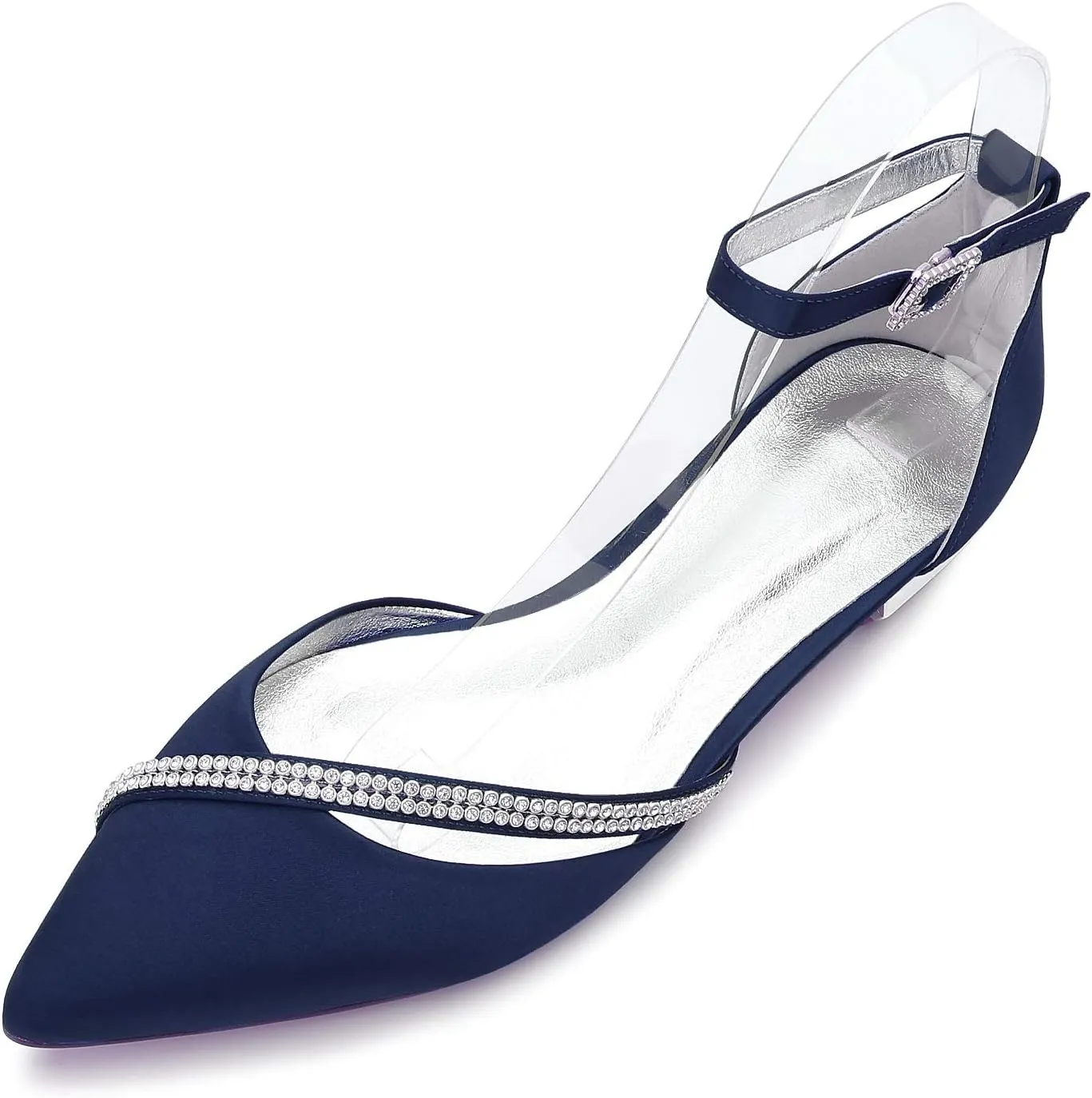 Womens Ballet Flats Pointed Toe Ankle Strap Buckle Satin Low Heel Flat Party Evening Ballerina Dance Shoes