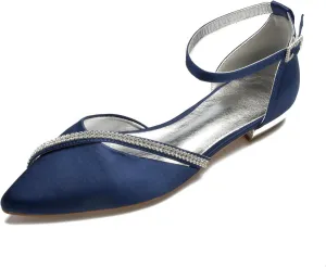 Womens Ballet Flats Pointed Toe Ankle Strap Buckle Satin Low Heel Flat Party Evening Ballerina Dance Shoes