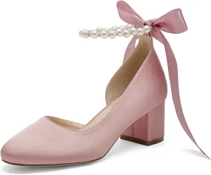 Women's Closed Round Toe Low Chunky Heels Pearls Block Pumps Ankle Strap Wedding Business Dressy Shoes