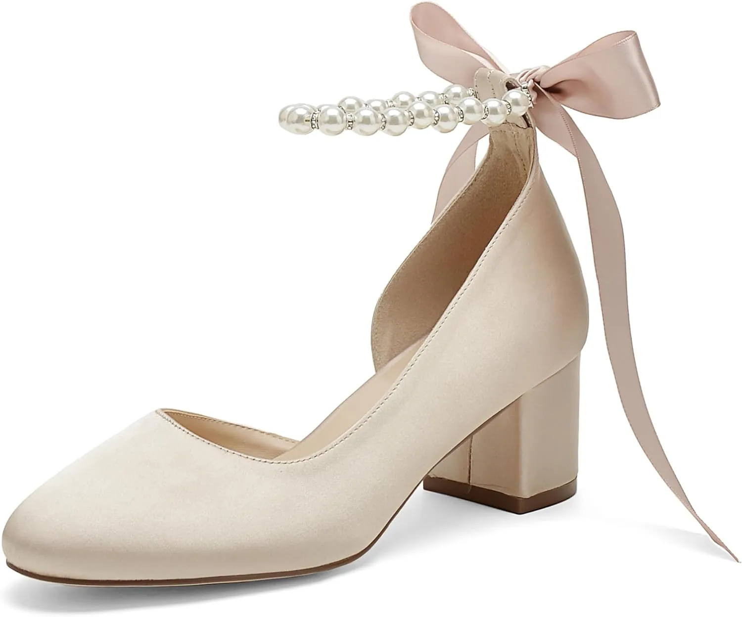 Women's Closed Round Toe Low Chunky Heels Pearls Block Pumps Ankle Strap Wedding Business Dressy Shoes