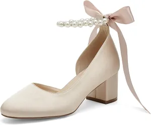 Women's Closed Round Toe Low Chunky Heels Pearls Block Pumps Ankle Strap Wedding Business Dressy Shoes