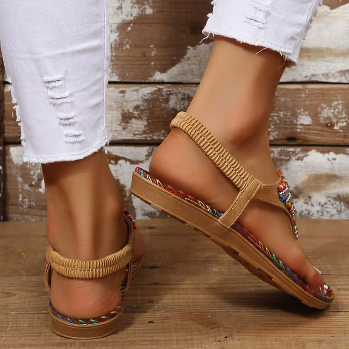 Womens Colorful Beaded Beach Flip Flops Bohemian Flat Sandals Shoes with Elastic Ankle Strap