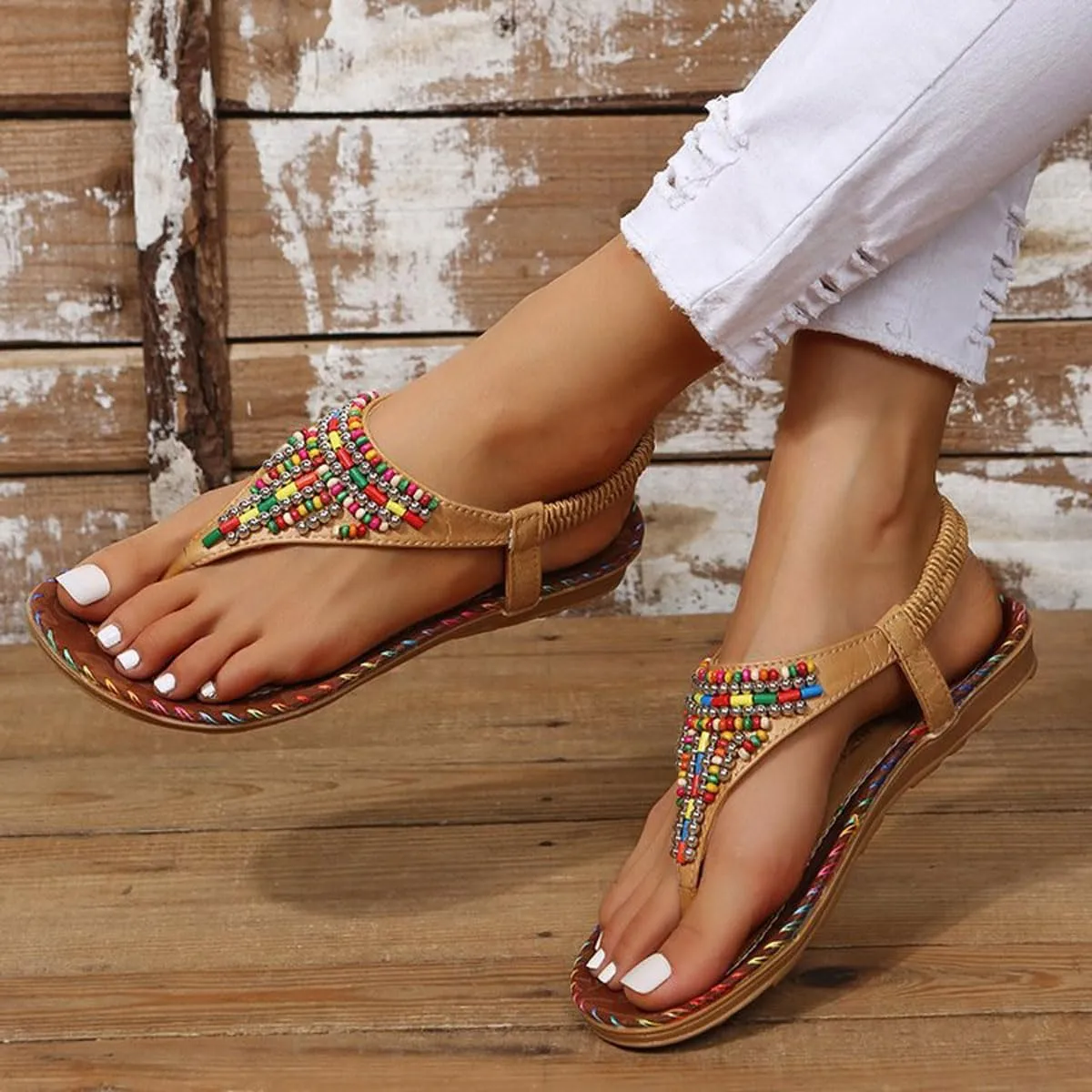 Womens Colorful Beaded Beach Flip Flops Bohemian Flat Sandals Shoes with Elastic Ankle Strap