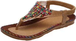 Womens Colorful Beaded Beach Flip Flops Bohemian Flat Sandals Shoes with Elastic Ankle Strap