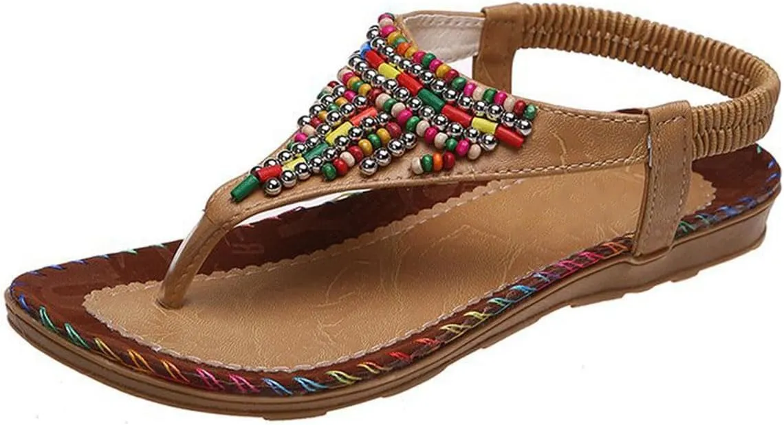 Womens Colorful Beaded Beach Flip Flops Bohemian Flat Sandals Shoes with Elastic Ankle Strap