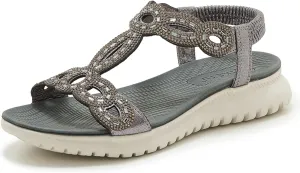 Women's Dressy Rhinestone Open Toe Flat Sandals Lightweight Comfortable Slip On Walking Orthopedic Sandals with Elastic Ankle Strap Summer Casual Bohemian Beach Slides