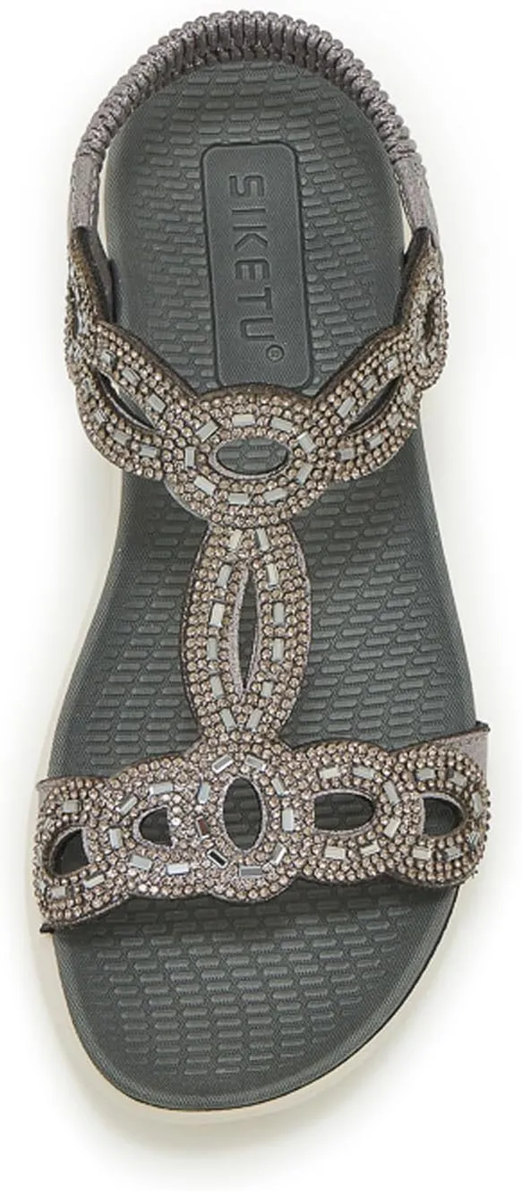 Women's Dressy Rhinestone Open Toe Flat Sandals Lightweight Comfortable Slip On Walking Orthopedic Sandals with Elastic Ankle Strap Summer Casual Bohemian Beach Slides