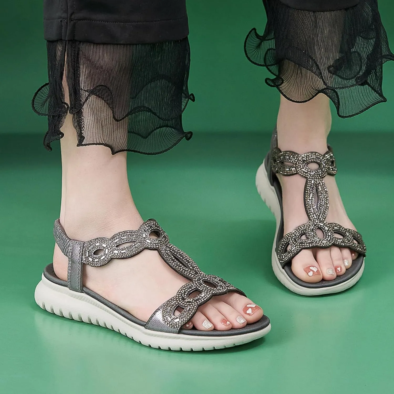 Women's Dressy Rhinestone Open Toe Flat Sandals Lightweight Comfortable Slip On Walking Orthopedic Sandals with Elastic Ankle Strap Summer Casual Bohemian Beach Slides
