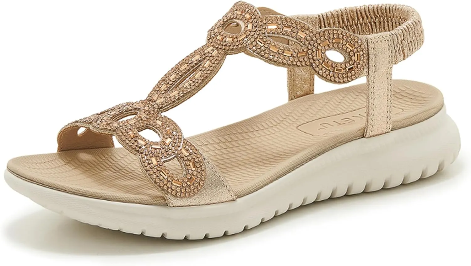 Women's Dressy Rhinestone Open Toe Flat Sandals Lightweight Comfortable Slip On Walking Orthopedic Sandals with Elastic Ankle Strap Summer Casual Bohemian Beach Slides