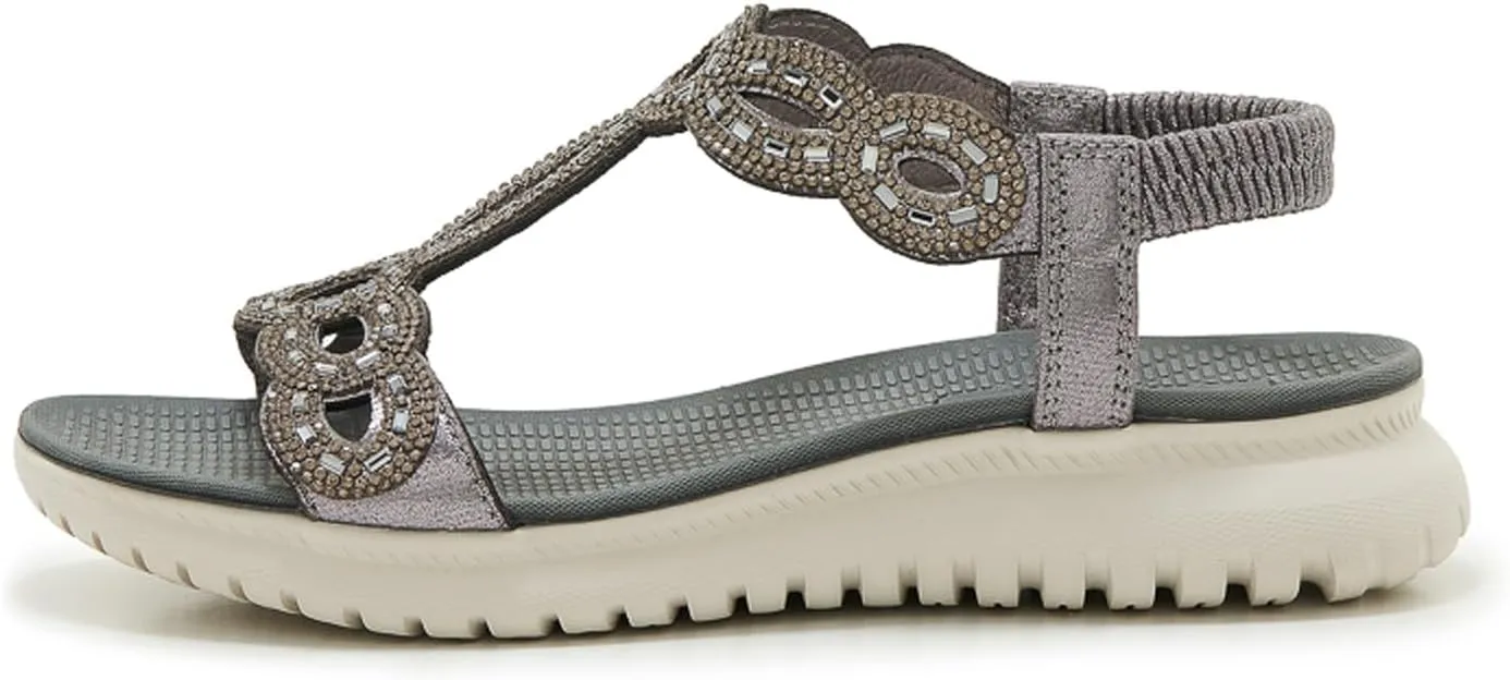 Women's Dressy Rhinestone Open Toe Flat Sandals Lightweight Comfortable Slip On Walking Orthopedic Sandals with Elastic Ankle Strap Summer Casual Bohemian Beach Slides