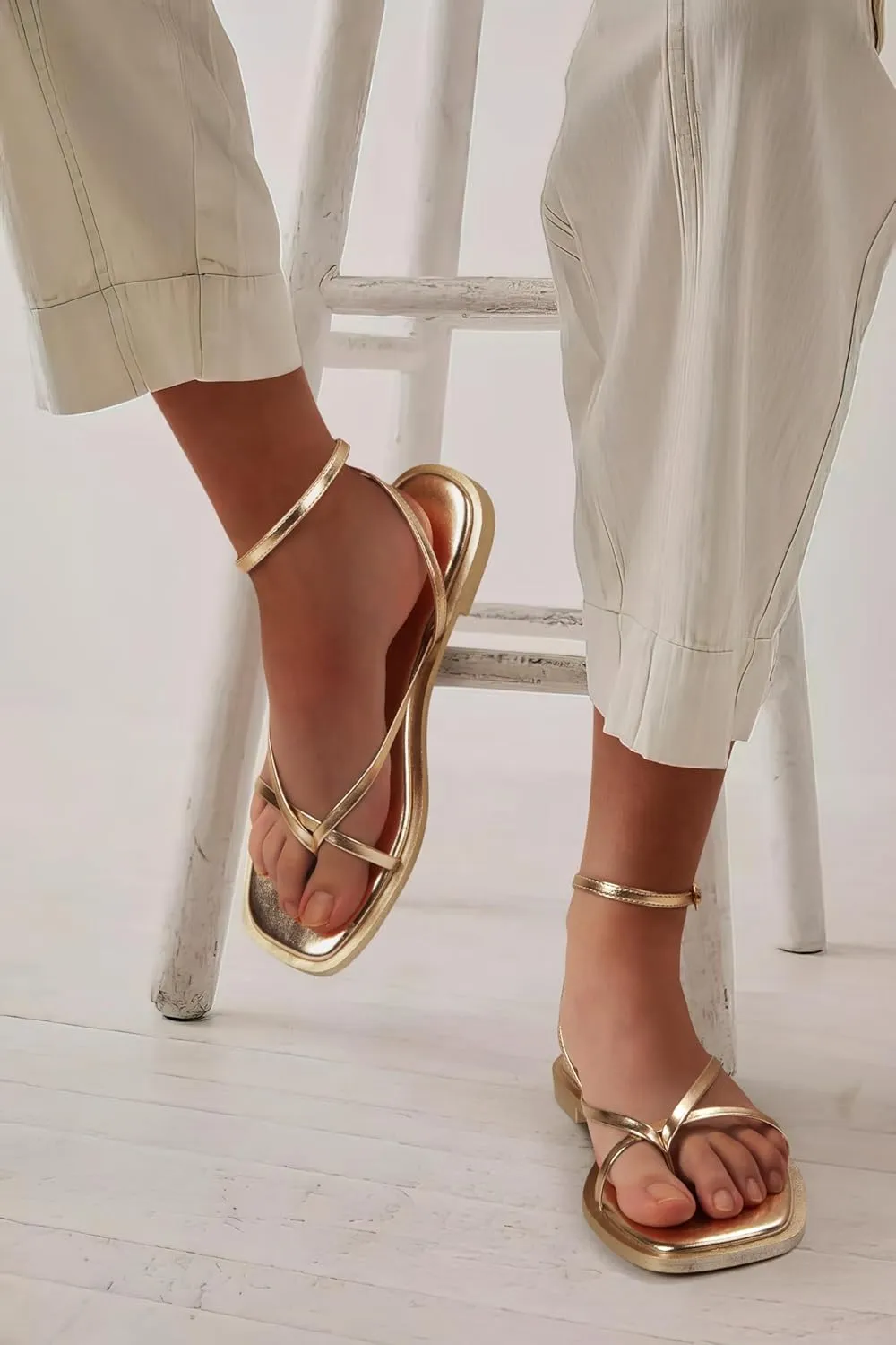 Womens Flats Sandals Square Toe Strappy Ankle Strap Flats