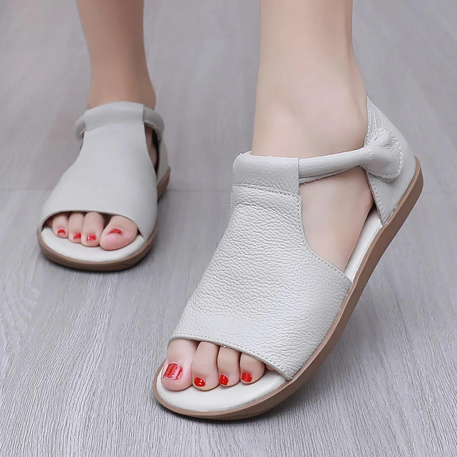 Women's Genuine Leather Round Open Toe Flat Roman Sandals Fashion Hook and Loop Casual Platforms Fisherman Sandals Comfort Softsole Non-Slip Beach Walking Sandal Shoes