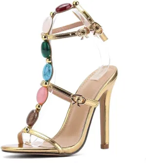 Women's Jeweled Ankle Strap Stiletto Heels Sandals Summer Open Toe Strappy Gladiator Heeled Sandals for Women