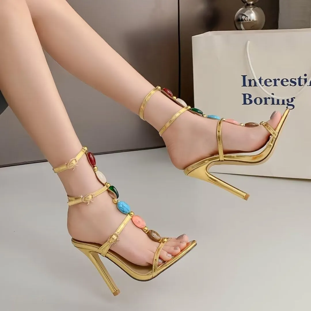 Women's Jeweled Ankle Strap Stiletto Heels Sandals Summer Open Toe Strappy Gladiator Heeled Sandals for Women