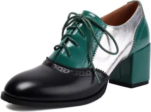 Women's Lace Up Leather Perforated Oxfords Chunky Heels Block Brogues Classic Retro Patchwork Color Round Toe Wingtip Comfortable Derby Saddle Pumps Shoes