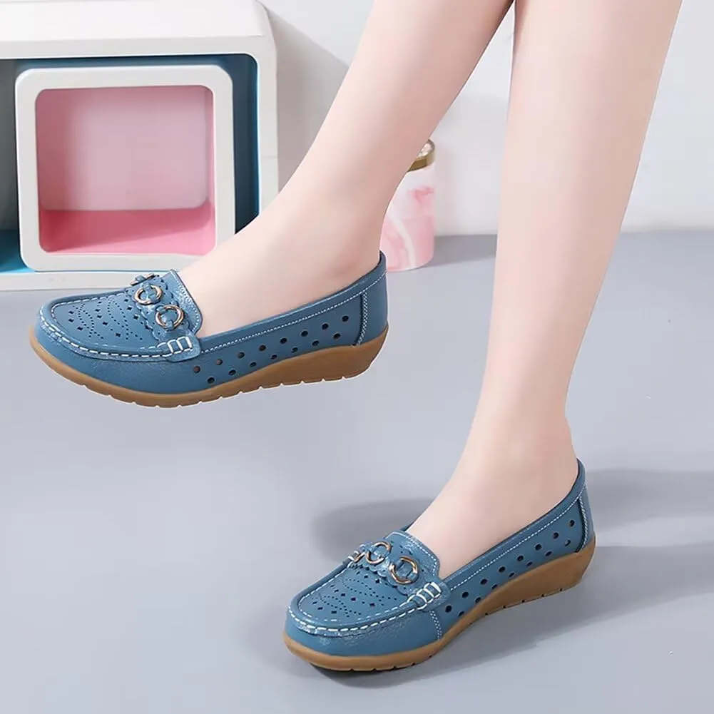 Women's Leather Classic Wedge Moccasins Slip-Ons Casual Walking Driving Cutout Breathable