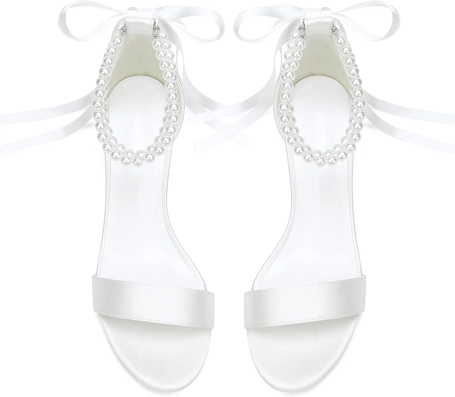 Women's Low Block Chunky Heels Sandals Open Toe Pearls Wedding Heels for Bride Heeled Party Dress Pump Shoes