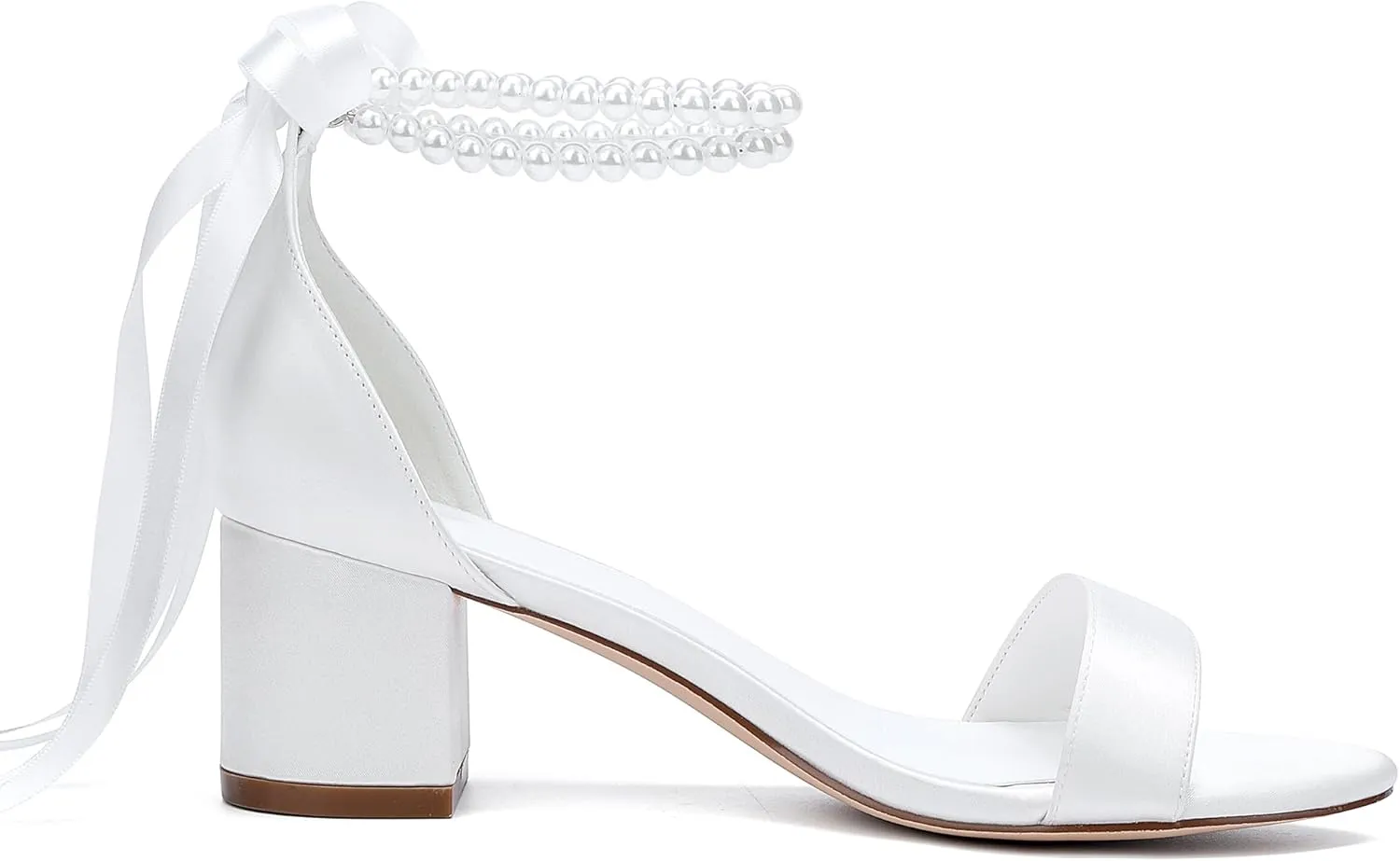 Women's Low Block Chunky Heels Sandals Open Toe Pearls Wedding Heels for Bride Heeled Party Dress Pump Shoes