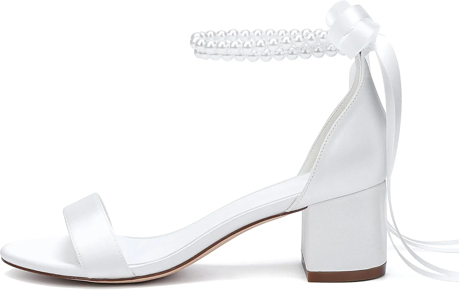 Women's Low Block Chunky Heels Sandals Open Toe Pearls Wedding Heels for Bride Heeled Party Dress Pump Shoes