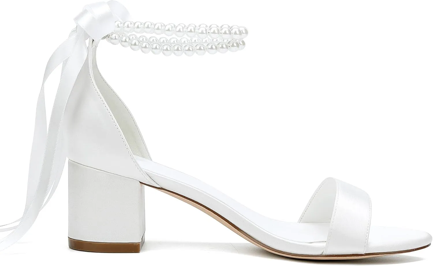 Women's Low Block Chunky Heels Sandals Open Toe Pearls Wedding Heels for Bride Heeled Party Dress Pump Shoes