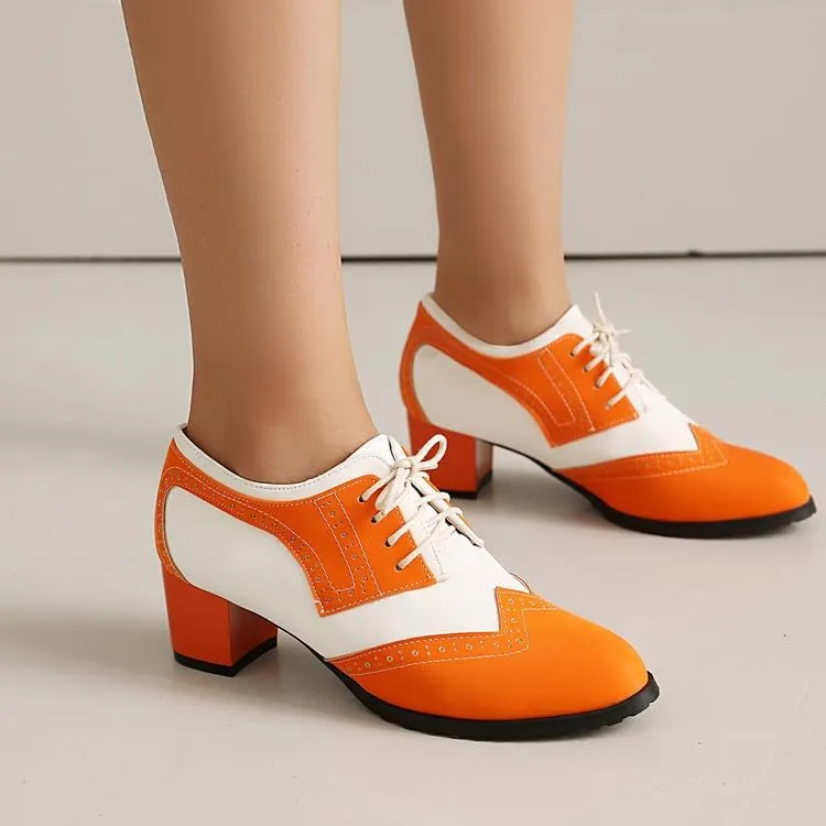 Women's Perforated Lace-Up Chunky Heels Block Oxfords Shoes Round Toe Patchwork Multicolor Wingtip Brogues Derby Saddle Pumps