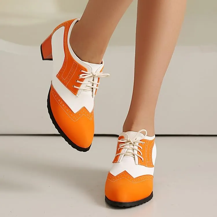 Women's Perforated Lace-Up Chunky Heels Block Oxfords Shoes Round Toe Patchwork Multicolor Wingtip Brogues Derby Saddle Pumps