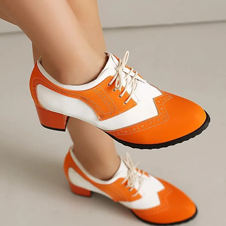 Women's Perforated Lace-Up Chunky Heels Block Oxfords Shoes Round Toe Patchwork Multicolor Wingtip Brogues Derby Saddle Pumps