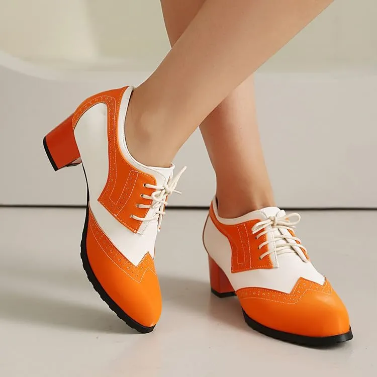 Women's Perforated Lace-Up Chunky Heels Block Oxfords Shoes Round Toe Patchwork Multicolor Wingtip Brogues Derby Saddle Pumps