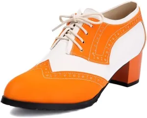 Women's Perforated Lace-Up Chunky Heels Block Oxfords Shoes Round Toe Patchwork Multicolor Wingtip Brogues Derby Saddle Pumps