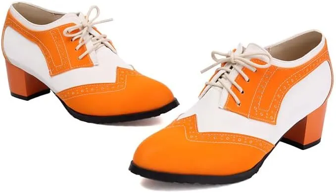 Women's Perforated Lace-Up Chunky Heels Block Oxfords Shoes Round Toe Patchwork Multicolor Wingtip Brogues Derby Saddle Pumps