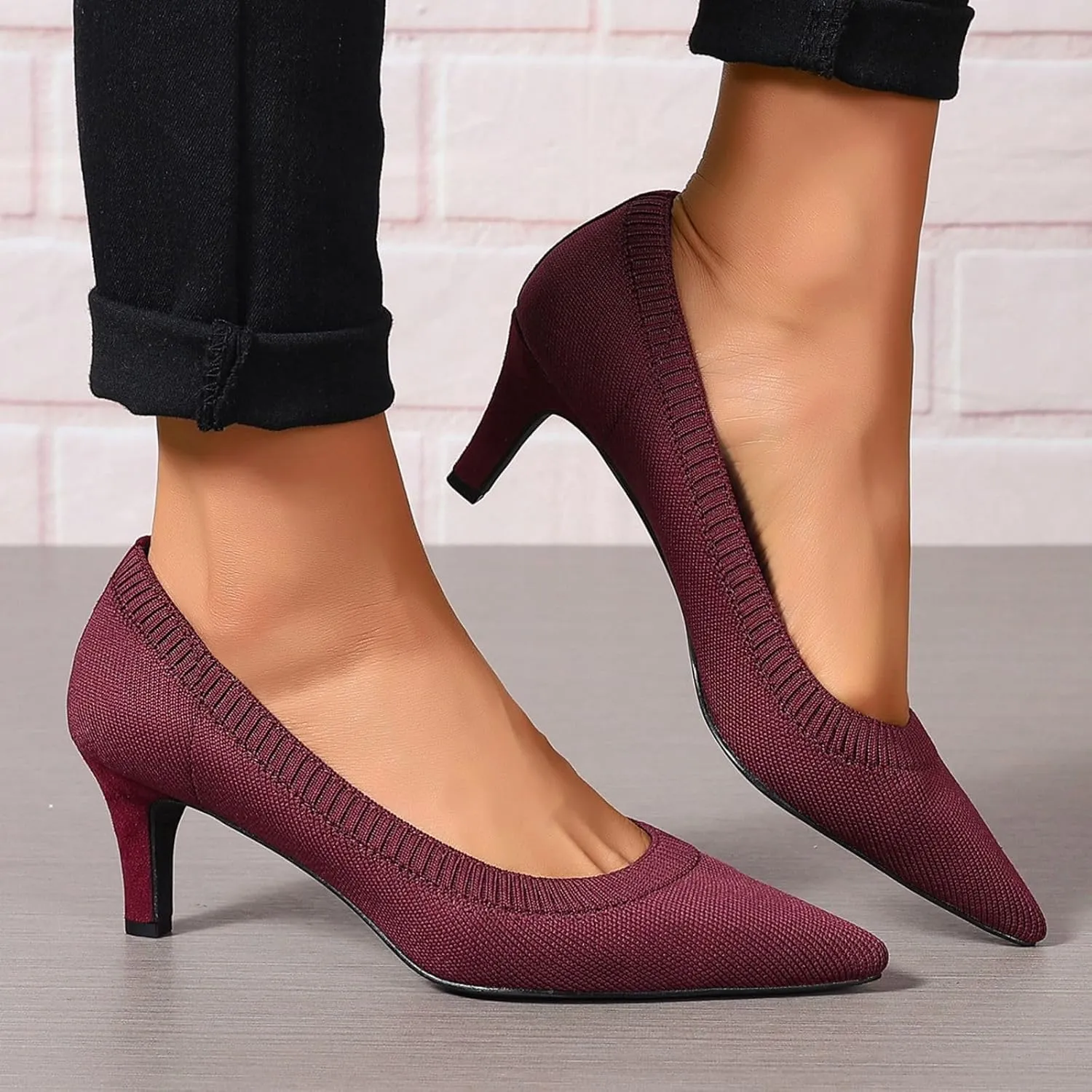 Women's Pumps Kitten Heel Pump Shoes Pointed Toe Knit Comfortable Casual Party Dressy Low Heel Dress Shoes