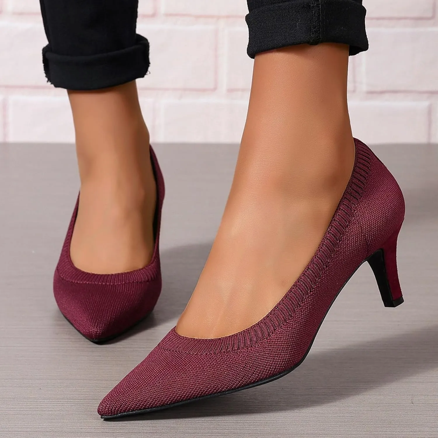 Women's Pumps Kitten Heel Pump Shoes Pointed Toe Knit Comfortable Casual Party Dressy Low Heel Dress Shoes