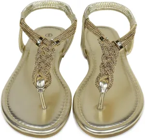 Women's Rhinestone Thong Flat Sandals Elastic Ankle Strap Bohemian Dressy Sandals for Women