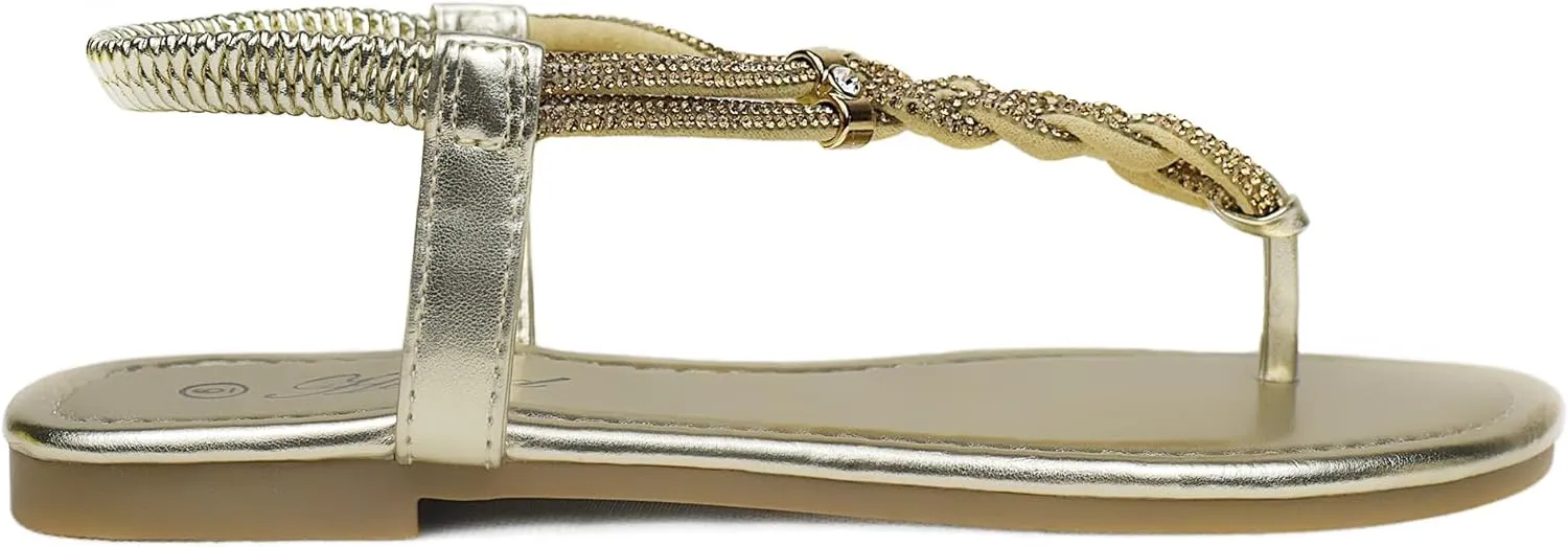 Women's Rhinestone Thong Flat Sandals Elastic Ankle Strap Bohemian Dressy Sandals for Women