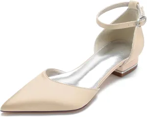 Womens Satin Bridal Wedding Shoes Pointed Toe Ballet Flats Ankle Strap Closed Toe Party Dress Sandals